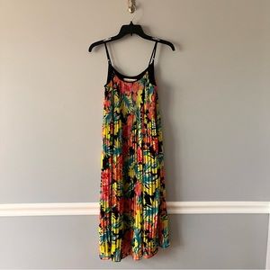 LOFT Womens Accordion Pleat Dress Floral Print Tropical Spaghetti Strap Size XS